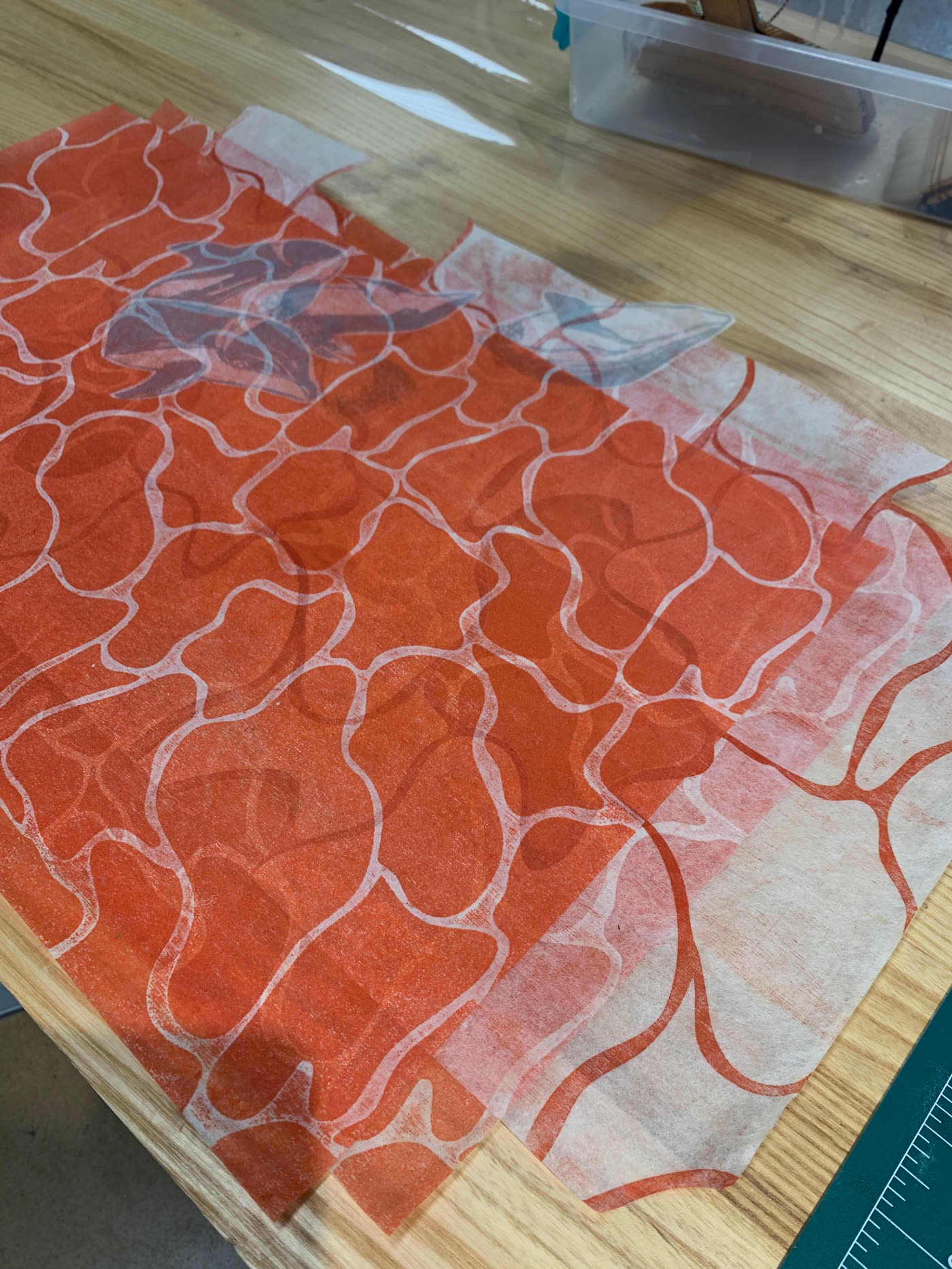 Orange linocut, cellular pattern