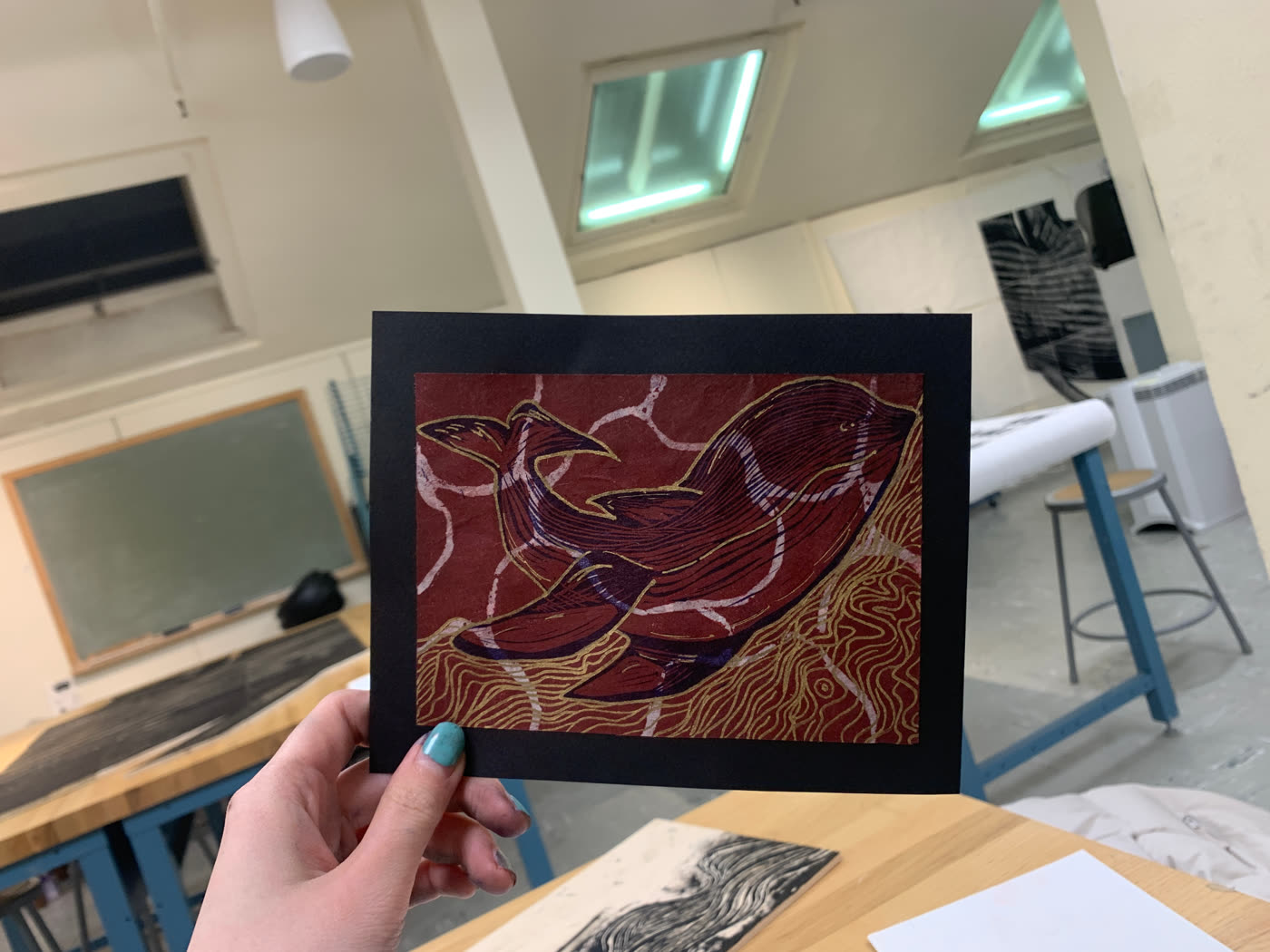 Framed red painting, organic lines