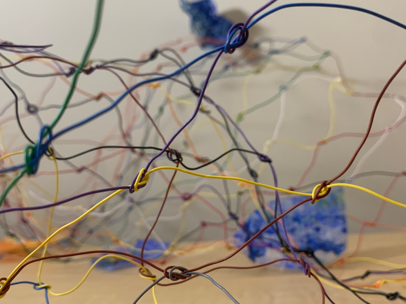 Wire sculpture, blue and yellow nodes